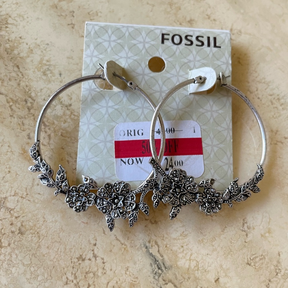 Fossil Silver Flower Hoop Earrings